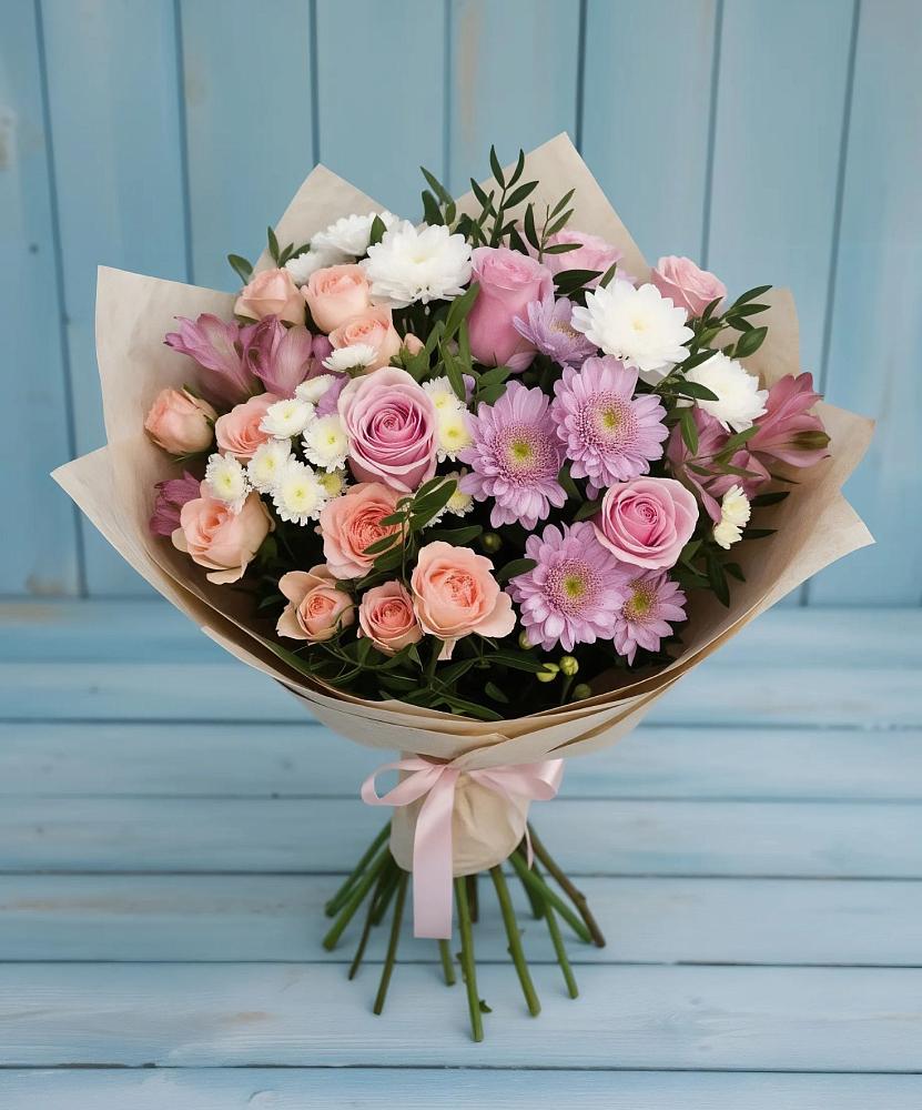Букет цветов из: Хризантемы, Розы и Альстромерии в Зюкайка