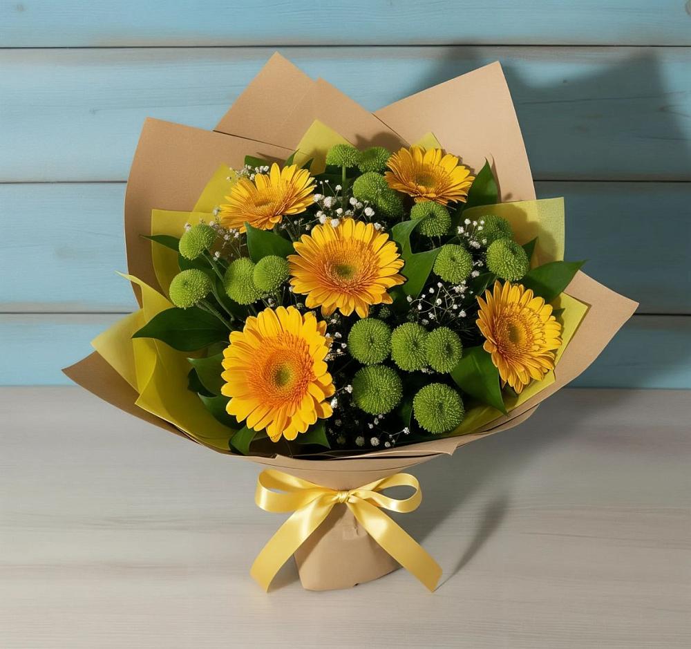 Букет цветов из: Герберы и Хризантемы в Зюкайка