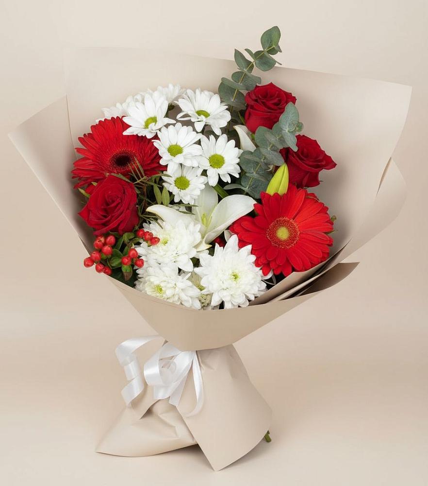 Букет цветов из: Розы, Хризантемы, Герберы и Лилии в Зюкайка