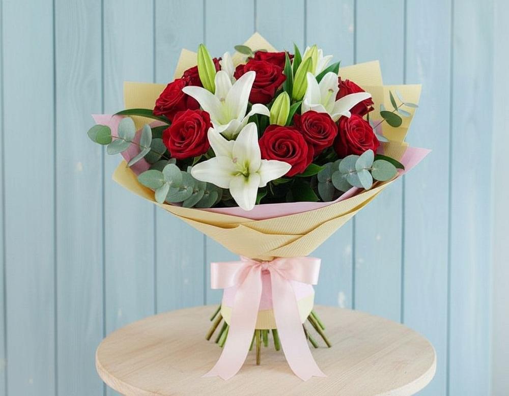 Букет цветов из: Лилии и Розы в Зюкайка