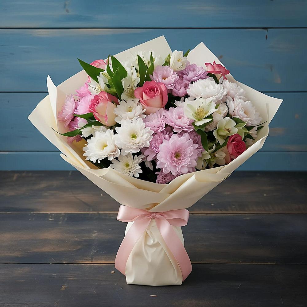 Букет цветов из: Хризантемы, Альстромерии и Розы в Зюкайка